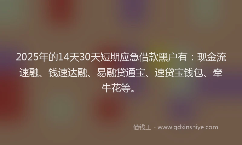 2025年的14天30天短期应急借款黑户有：现金流速融、钱速达融、易融贷通宝、速贷宝钱包、牵牛花等。