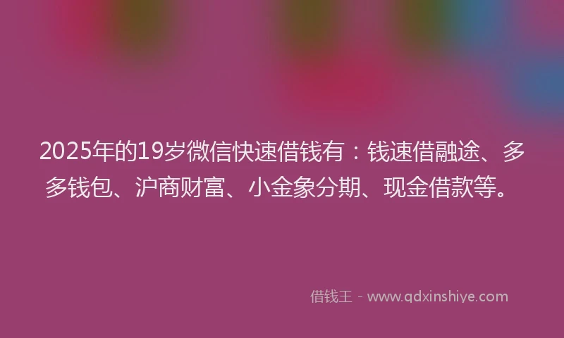 2025年的19岁微信快速借钱有：钱速借融途、多多钱包、沪商财富、小金象分期、现金借款等。
