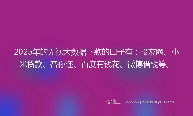 2025年的无视大数据下款的口子有：投友圈、小米贷款、替你还、百度有钱花、微博借钱等。
