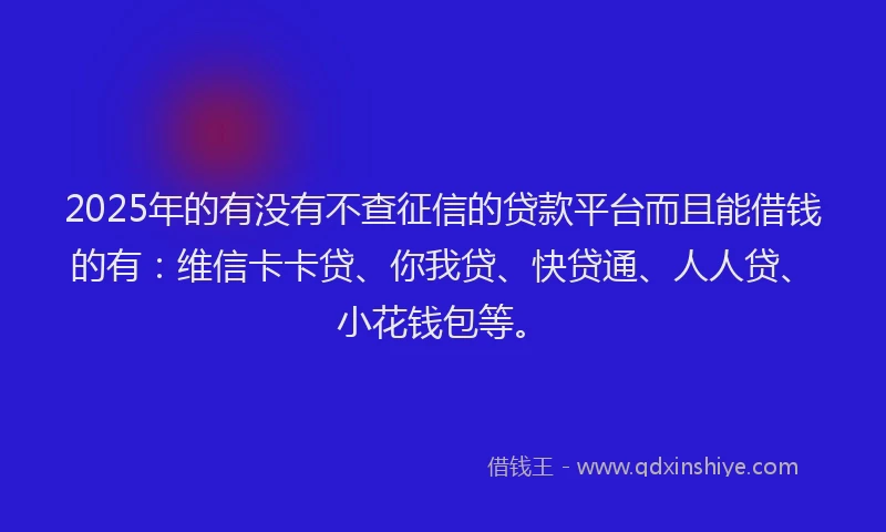 2025年的有没有不查征信的贷款平台而且能借钱的有：维信卡卡贷、你我贷、快贷通、人人贷、小花钱包等。