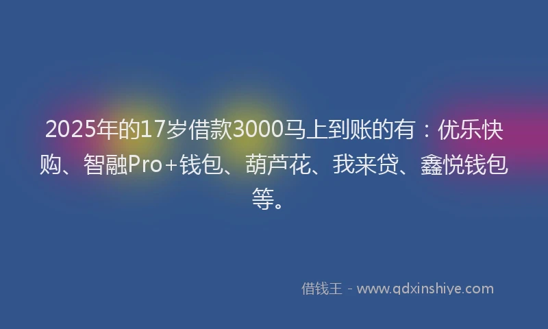 2025年的17岁借款3000马上到账的有：优乐快购、智融Pro+钱包、葫芦花、我来贷、鑫悦钱包等。