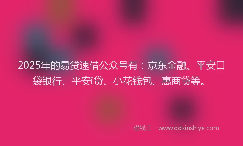 2025年的易贷速借公众号有：京东金融、平安口袋银行、平安i贷、小花钱包、惠商贷等。