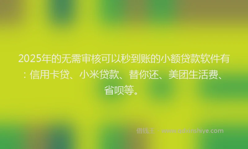 2025年的无需审核可以秒到账的小额贷款软件有：信用卡贷、小米贷款、替你还、美团生活费、省呗等。