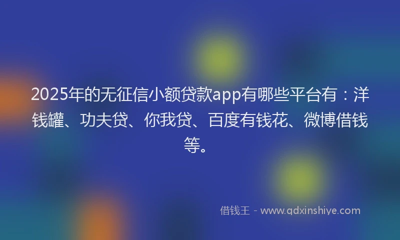 2025年的无征信小额贷款app有哪些平台有：洋钱罐、功夫贷、你我贷、百度有钱花、微博借钱等。