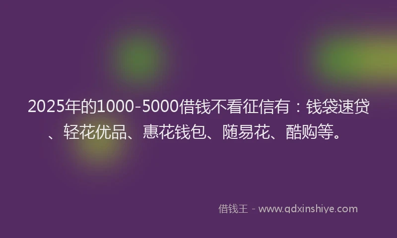 2025年的1000-5000借钱不看征信有：钱袋速贷、轻花优品、惠花钱包、随易花、酷购等。