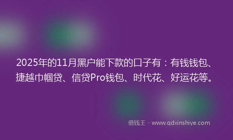 2025年的11月黑户能下款的口子有：有钱钱包、捷越巾帼贷、信贷Pro钱包、时代花、好运花等。