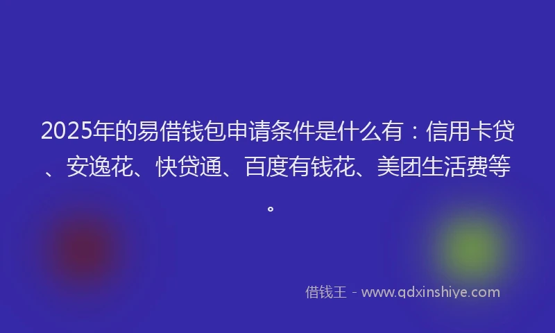2025年的易借钱包申请条件是什么有：信用卡贷、安逸花、快贷通、百度有钱花、美团生活费等。