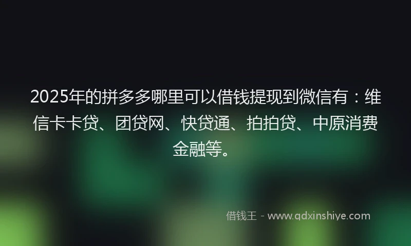 2025年的拼多多哪里可以借钱提现到微信有：维信卡卡贷、团贷网、快贷通、拍拍贷、中原消费金融等。