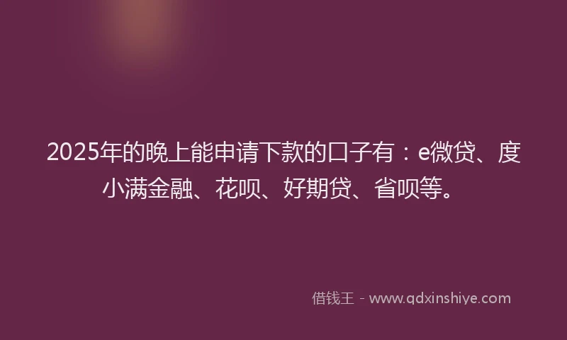 2025年的晚上能申请下款的口子有：e微贷、度小满金融、花呗、好期贷、省呗等。