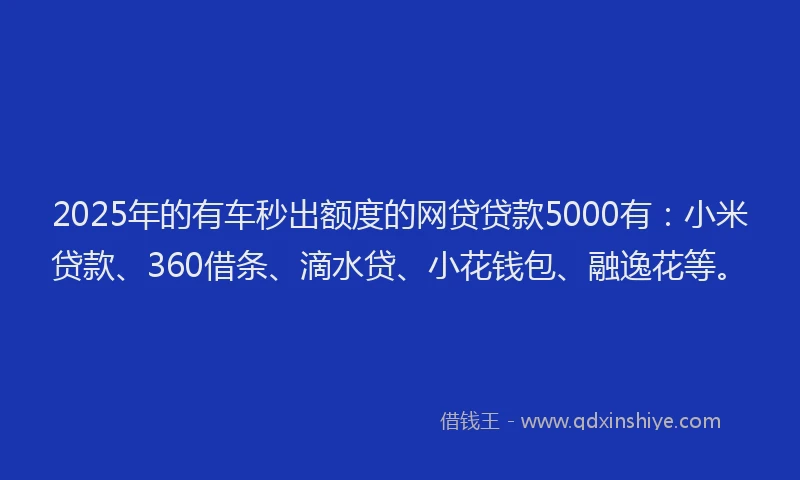 2025年的有车秒出额度的网贷贷款5000有：小米贷款、360借条、滴水贷、小花钱包、融逸花等。