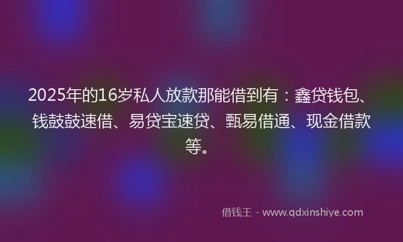 2025年的16岁私人放款那能借到有:鑫贷钱包、钱鼓鼓速借、易贷宝速贷、甄易借通、现金借款等。