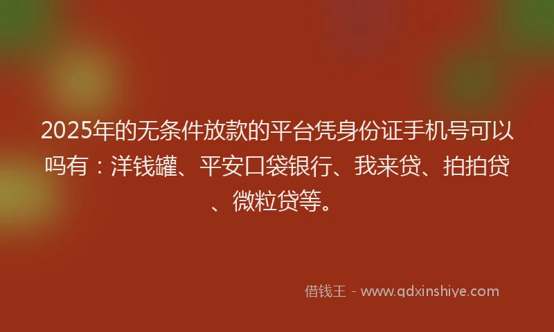 2025年的无条件放款的平台凭身份证手机号可以吗有：洋钱罐、平安口袋银行、我来贷、拍拍贷、微粒贷等。