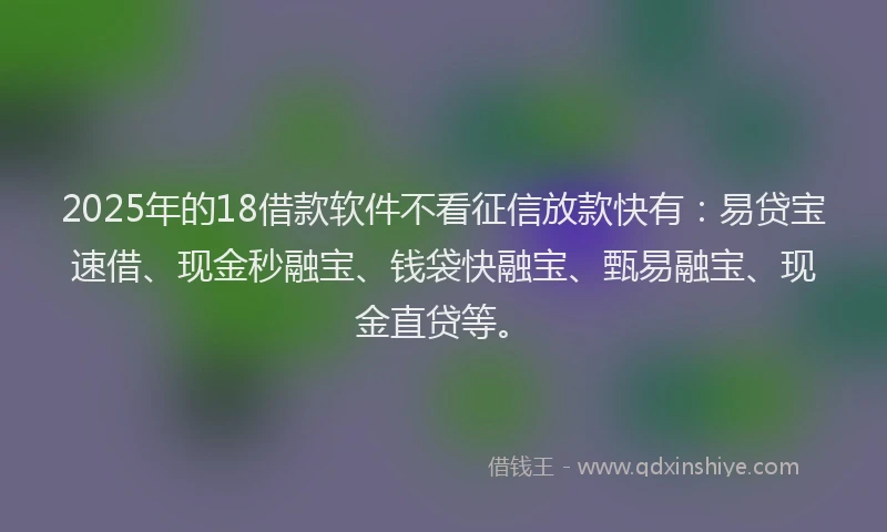 2025年的18借款软件不看征信放款快有：易贷宝速借、现金秒融宝、钱袋快融宝、甄易融宝、现金直贷等。