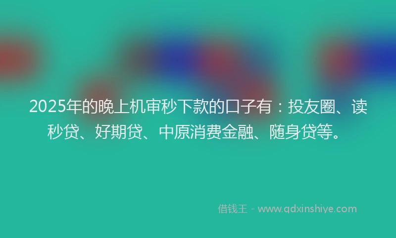 2025年的晚上机审秒下款的口子有：投友圈、读秒贷、好期贷、中原消费金融、随身贷等。