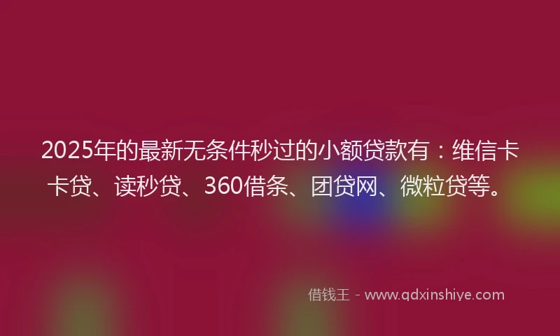 2025年的最新无条件秒过的小额贷款有：维信卡卡贷、读秒贷、360借条、团贷网、微粒贷等。