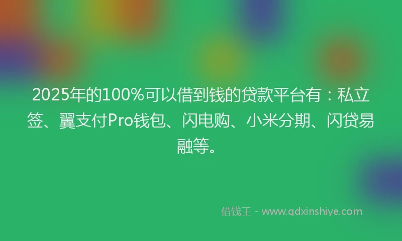 2025年的100%可以借到钱的贷款平台有：私立签、翼支付Pro钱包、闪电购、小米分期、闪贷易融等。