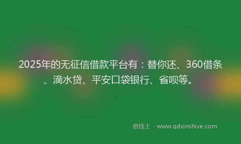 2025年的无征信借款平台有：替你还、360借条、滴水贷、平安口袋银行、省呗等。