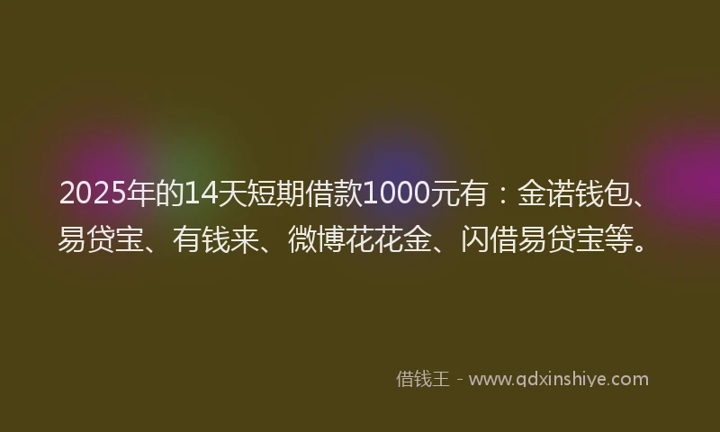 2025年的14天短期借款1000元有:金诺钱包、易贷宝、有钱来、微博花花金、闪借易贷宝等。