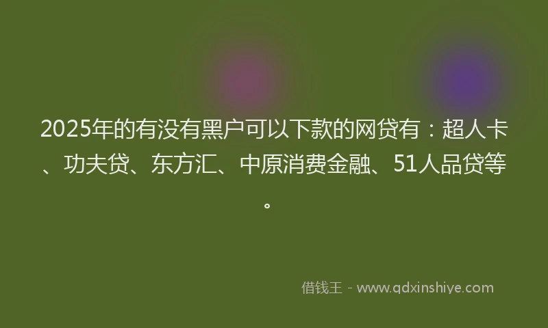 2025年的有没有黑户可以下款的网贷有：超人卡、功夫贷、东方汇、中原消费金融、51人品贷等。