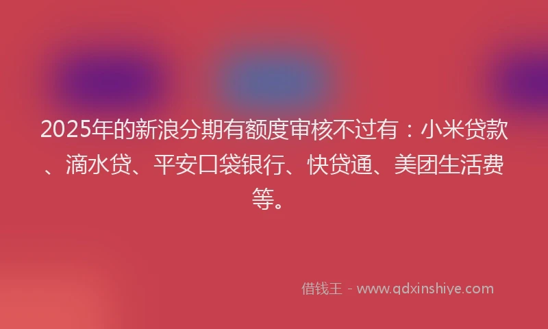 2025年的新浪分期有额度审核不过有：小米贷款、滴水贷、平安口袋银行、快贷通、美团生活费等。