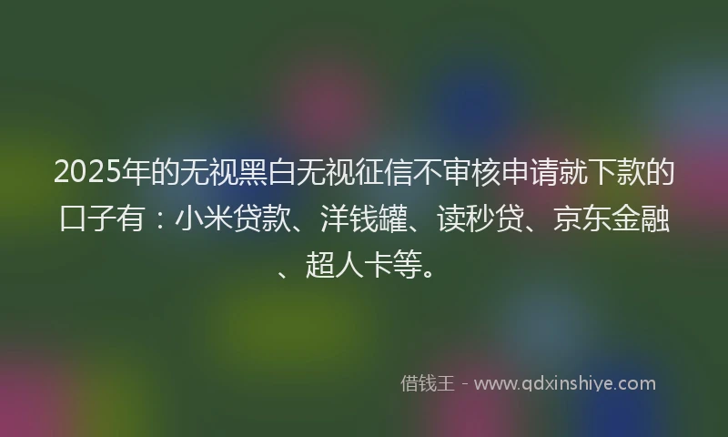 2025年的无视黑白无视征信不审核申请就下款的口子有：小米贷款、洋钱罐、读秒贷、京东金融、超人卡等。
