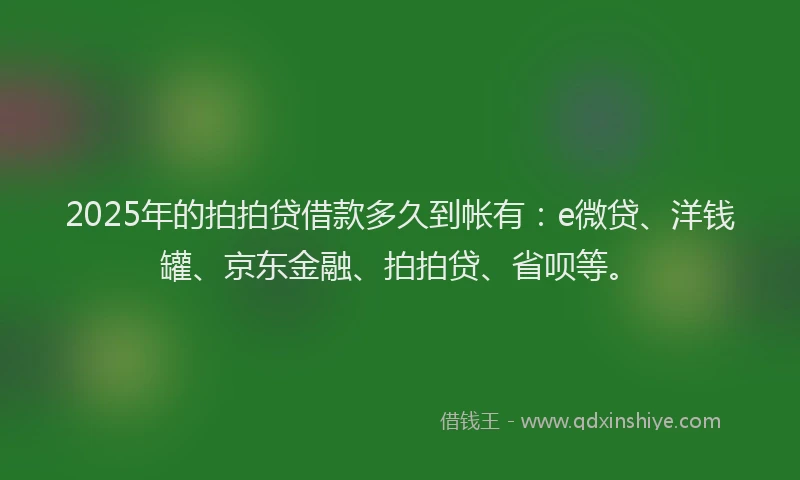 2025年的拍拍贷借款多久到帐有：e微贷、洋钱罐、京东金融、拍拍贷、省呗等。