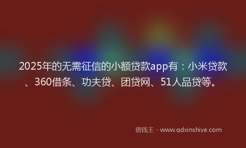 2025年的无需征信的小额贷款app有：小米贷款、360借条、功夫贷、团贷网、51人品贷等。
