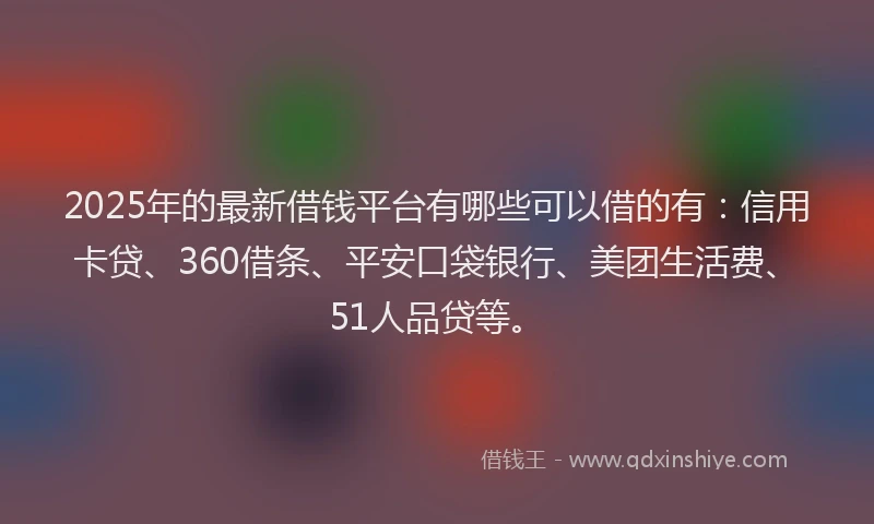 2025年的最新借钱平台有哪些可以借的有：信用卡贷、360借条、平安口袋银行、美团生活费、51人品贷等。