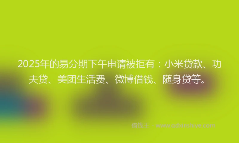 2025年的易分期下午申请被拒有：小米贷款、功夫贷、美团生活费、微博借钱、随身贷等。