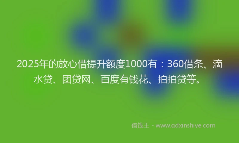 2025年的放心借提升额度1000有：360借条、滴水贷、团贷网、百度有钱花、拍拍贷等。