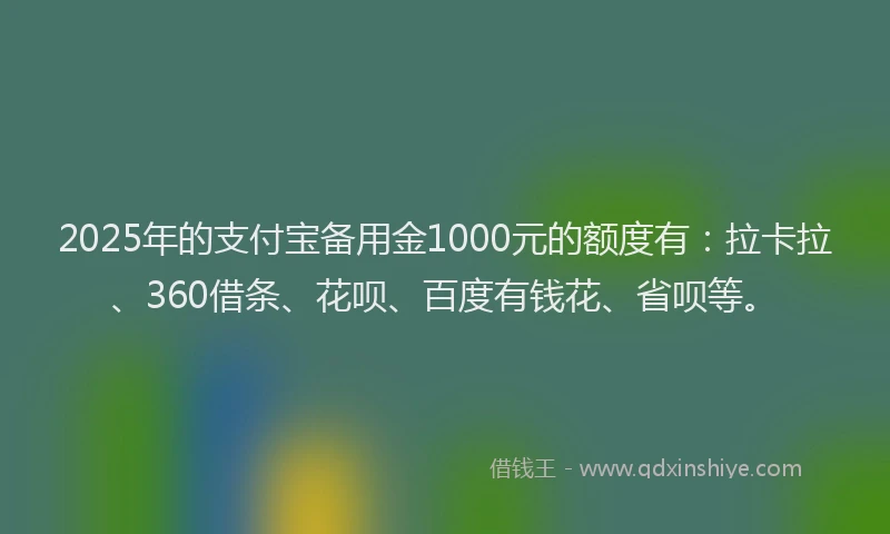 2025年的支付宝备用金1000元的额度有：拉卡拉、360借条、花呗、百度有钱花、省呗等。