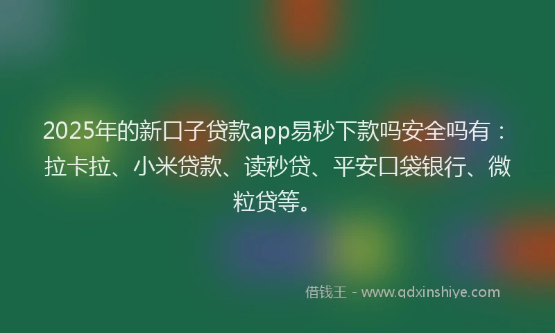 2025年的新口子贷款app易秒下款吗安全吗有：拉卡拉、小米贷款、读秒贷、平安口袋银行、微粒贷等。
