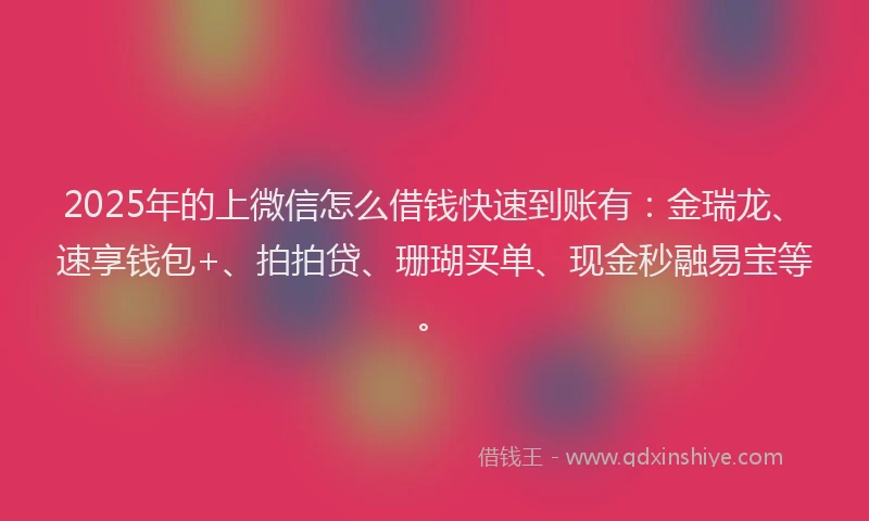 2025年的上微信怎么借钱快速到账有：金瑞龙、速享钱包+、拍拍贷、珊瑚买单、现金秒融易宝等。