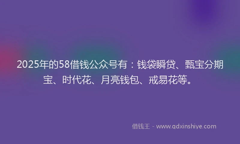 2025年的58借钱公众号有：钱袋瞬贷、甄宝分期宝、时代花、月亮钱包、戒易花等。