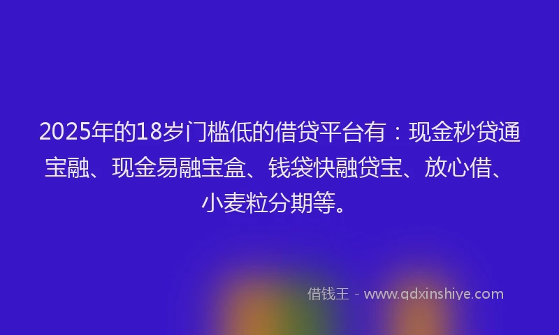 2025年的18岁门槛低的借贷平台有：现金秒贷通宝融、现金易融宝盒、钱袋快融贷宝、放心借、小麦粒分期等。