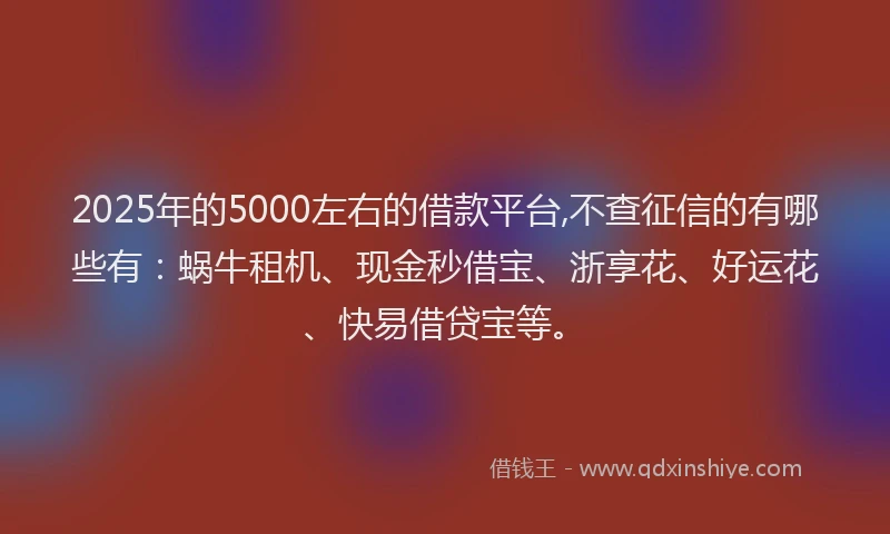 2025年的5000左右的借款平台,不查征信的有哪些有：蜗牛租机、现金秒借宝、浙享花、好运花、快易借贷宝等。