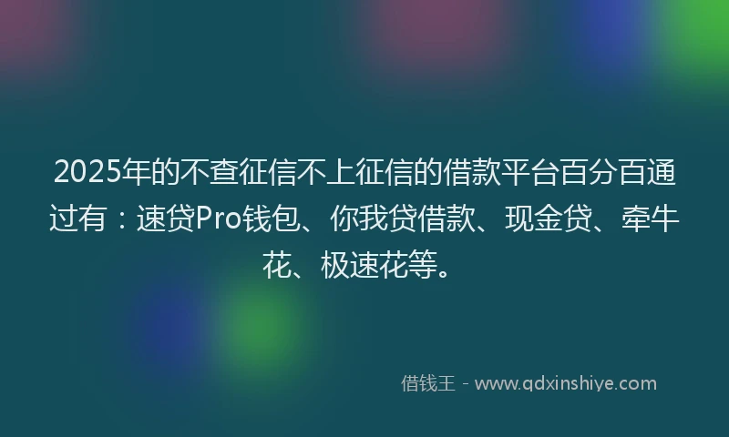 2025年的不查征信不上征信的借款平台百分百通过有：速贷Pro钱包、你我贷借款、现金贷、牵牛花、极速花等。