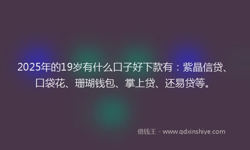 2025年的19岁有什么口子好下款有：紫晶信贷、口袋花、珊瑚钱包、掌上贷、还易贷等。