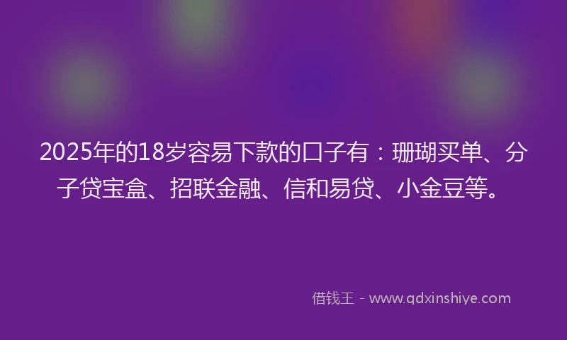 2025年的18岁容易下款的口子有：珊瑚买单、分子贷宝盒、招联金融、信和易贷、小金豆等。