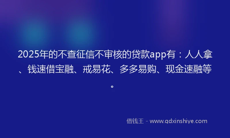 2025年的不查征信不审核的贷款app有：人人拿、钱速借宝融、戒易花、多多易购、现金速融等。