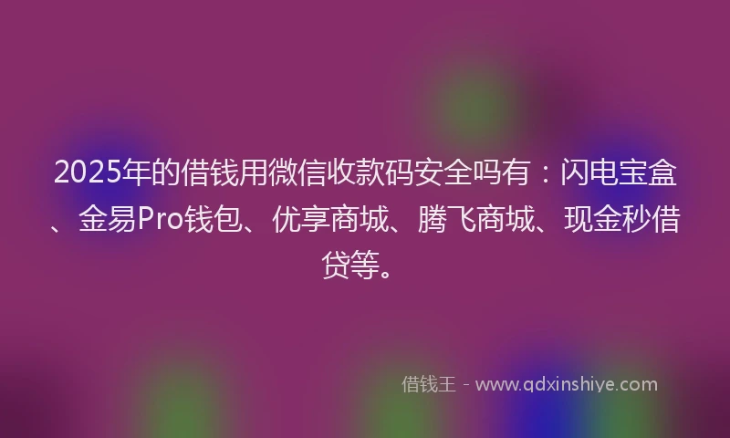 2025年的借钱用微信收款码安全吗有：闪电宝盒、金易Pro钱包、优享商城、腾飞商城、现金秒借贷等。