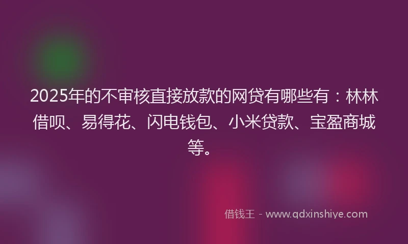 2025年的不审核直接放款的网贷有哪些有:林林借呗、易得花、闪电钱包、小米贷款、宝盈商城等。