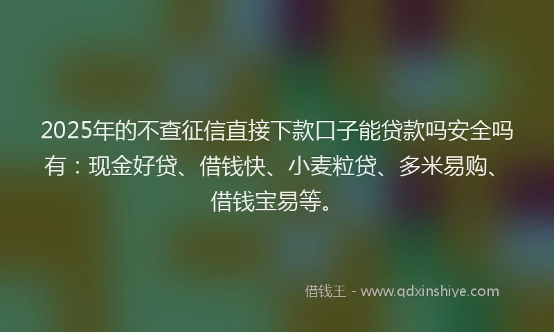 2025年的不查征信直接下款口子能贷款吗安全吗有：现金好贷、借钱快、小麦粒贷、多米易购、借钱宝易等。