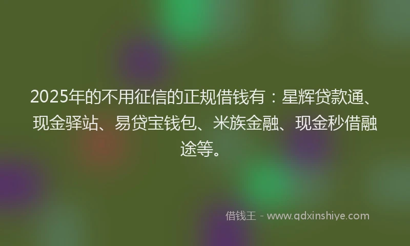 2025年的不用征信的正规借钱有：星辉贷款通、现金驿站、易贷宝钱包、米族金融、现金秒借融途等。