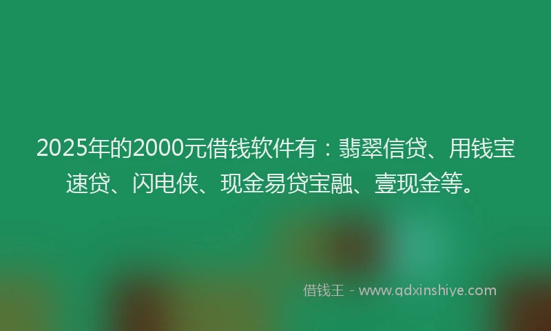 2025年的2000元借钱软件有：翡翠信贷、用钱宝速贷、闪电侠、现金易贷宝融、壹现金等。