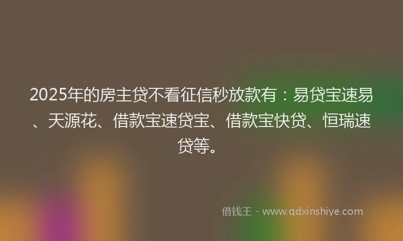 2025年的房主贷不看征信秒放款有：易贷宝速易、天源花、借款宝速贷宝、借款宝快贷、恒瑞速贷等。