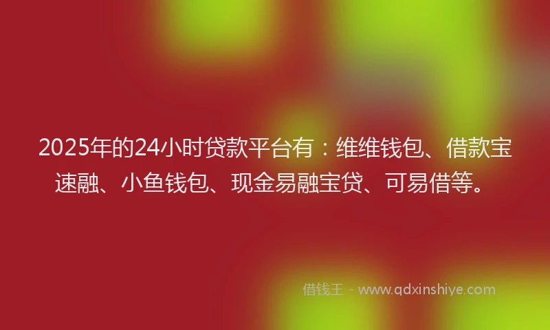 2025年的24小时贷款平台有：维维钱包、借款宝速融、小鱼钱包、现金易融宝贷、可易借等。