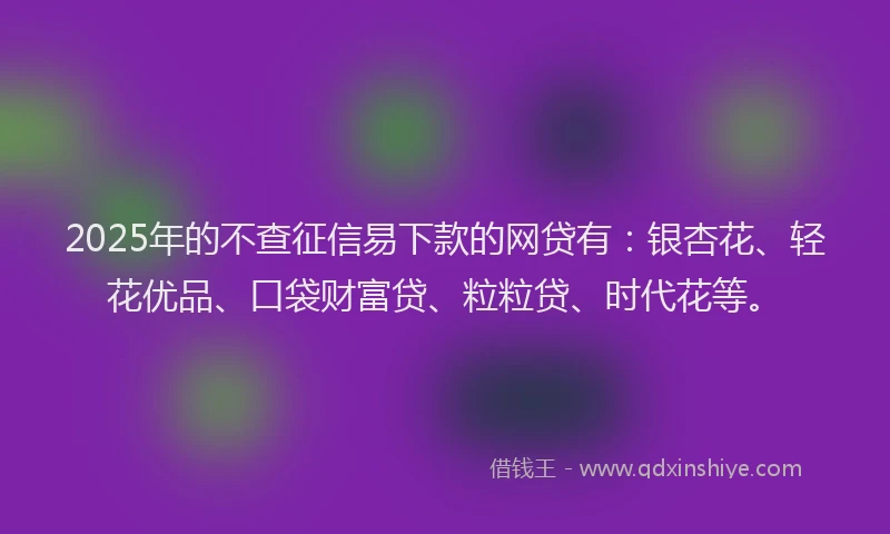 2025年的不查征信易下款的网贷有：银杏花、轻花优品、口袋财富贷、粒粒贷、时代花等。