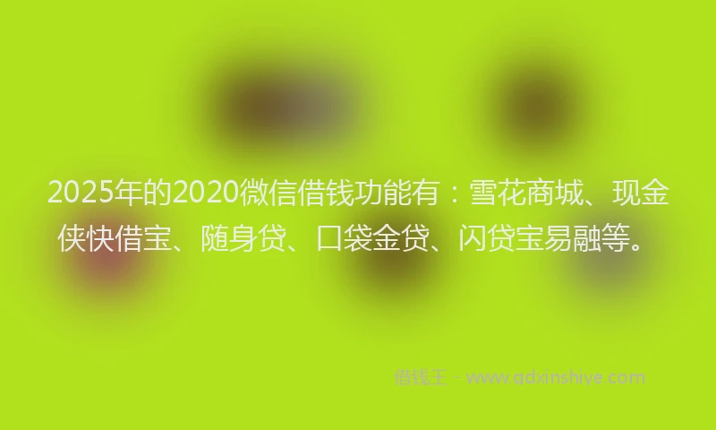 2025年的2020微信借钱功能有:雪花商城、现金侠快借宝、随身贷、口袋金贷、闪贷宝易融等。