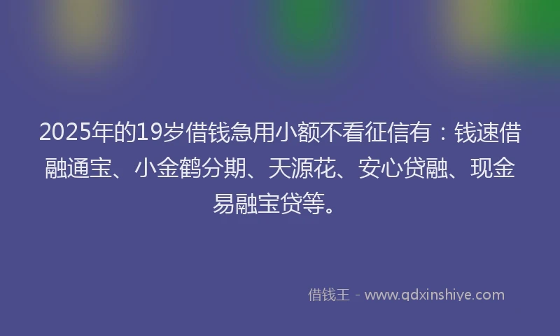 2025年的19岁借钱急用小额不看征信有：钱速借融通宝、小金鹤分期、天源花、安心贷融、现金易融宝贷等。